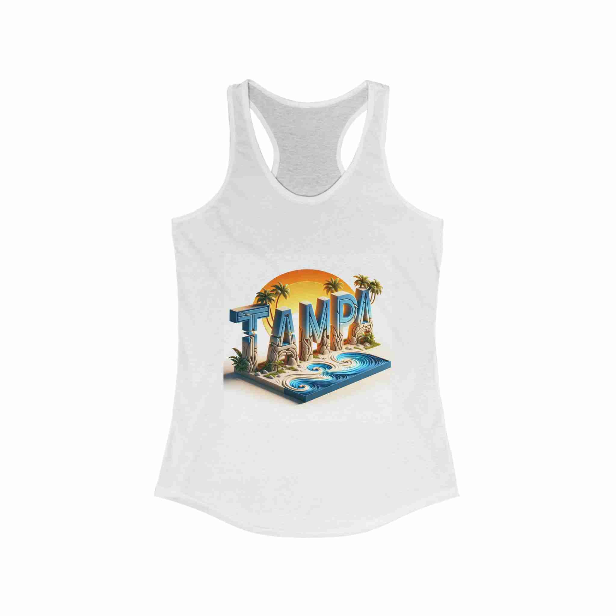 Tampa T-top with the word Tampa in front of a sunset. All white Tank top. Women's Tampa T-Top